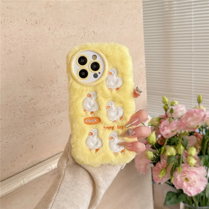 For iPhone 16 Pro Case Duck Embroidery Furry Warm Plush Soft TPU Phone Cover - Yellow - 3