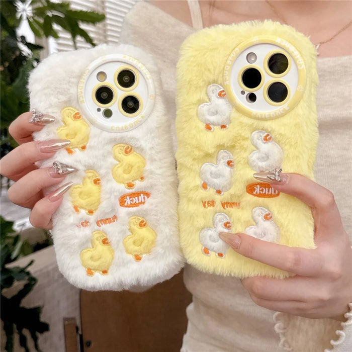 For iPhone 16 Pro Case Duck Embroidery Furry Warm Plush Soft TPU Phone Cover - Yellow - 4
