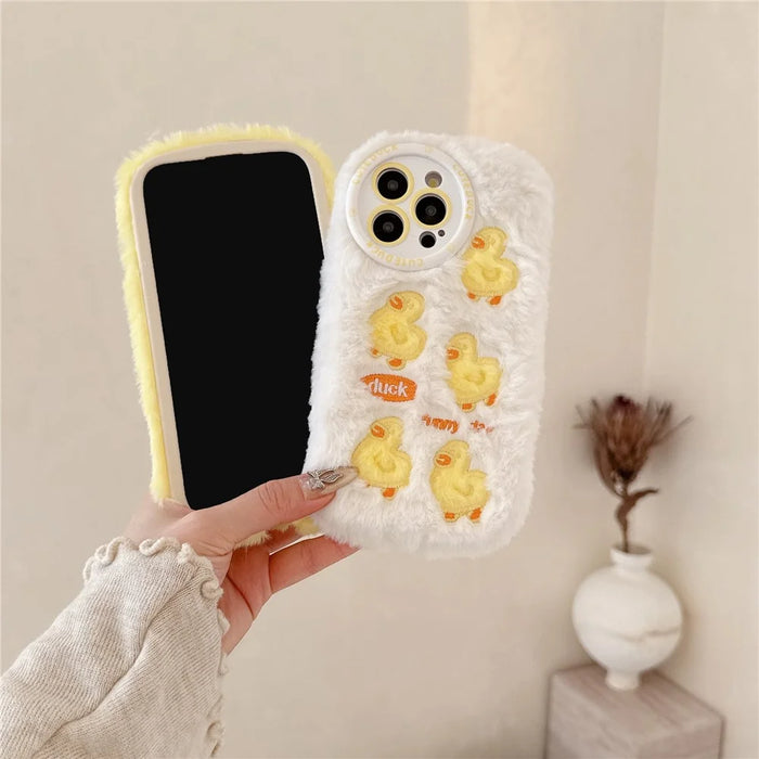 For iPhone 16 Pro Case Duck Embroidery Furry Warm Plush Soft TPU Phone Cover - Yellow - 5
