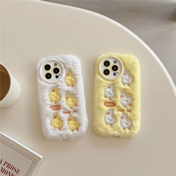 For iPhone 16 Pro Case Duck Embroidery Furry Warm Plush Soft TPU Phone Cover - Yellow - 6