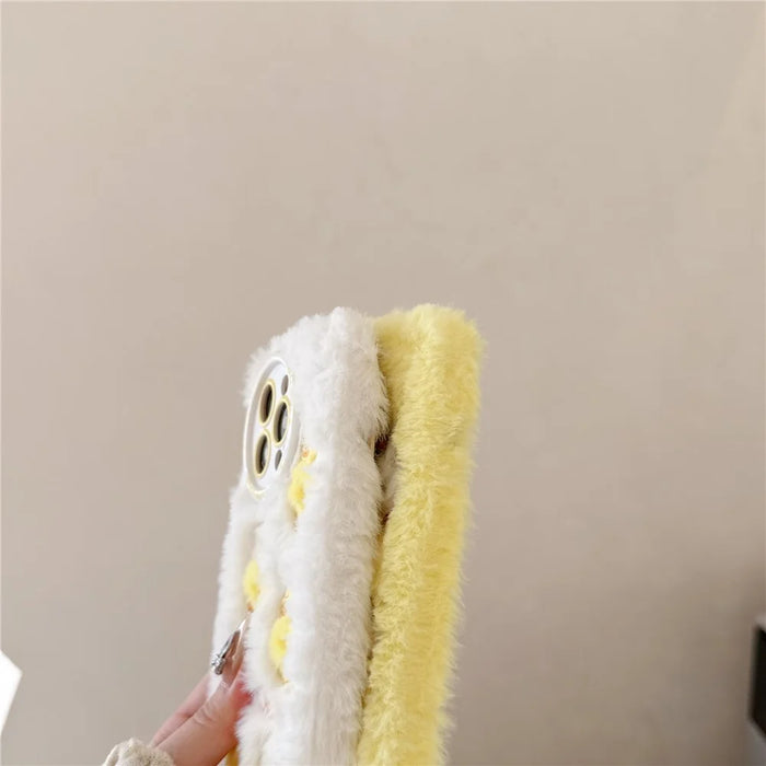 For iPhone 16 Pro Case Duck Embroidery Furry Warm Plush Soft TPU Phone Cover - Yellow - 7