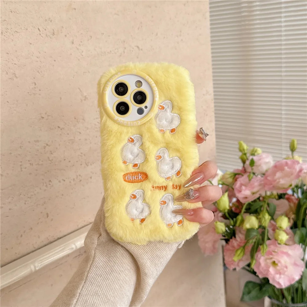 For iPhone 16 Pro Max Case Duck Embroidery Furry Warm Plush Soft TPU Phone Cover - Yellow - 3