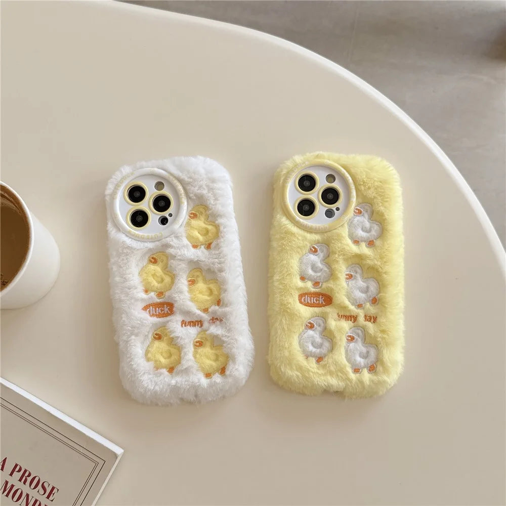 For iPhone 16 Pro Max Case Duck Embroidery Furry Warm Plush Soft TPU Phone Cover - Yellow - 6