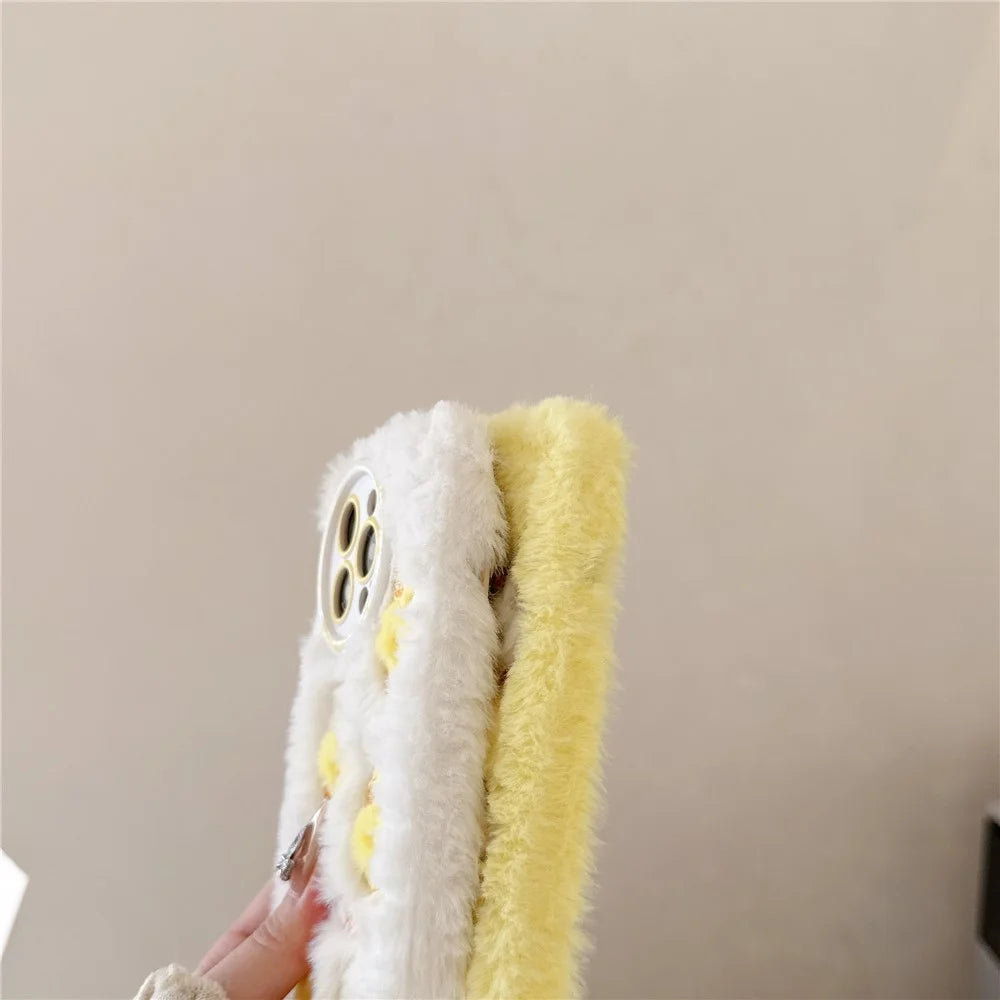 For iPhone 16 Pro Max Case Duck Embroidery Furry Warm Plush Soft TPU Phone Cover - Yellow - 7