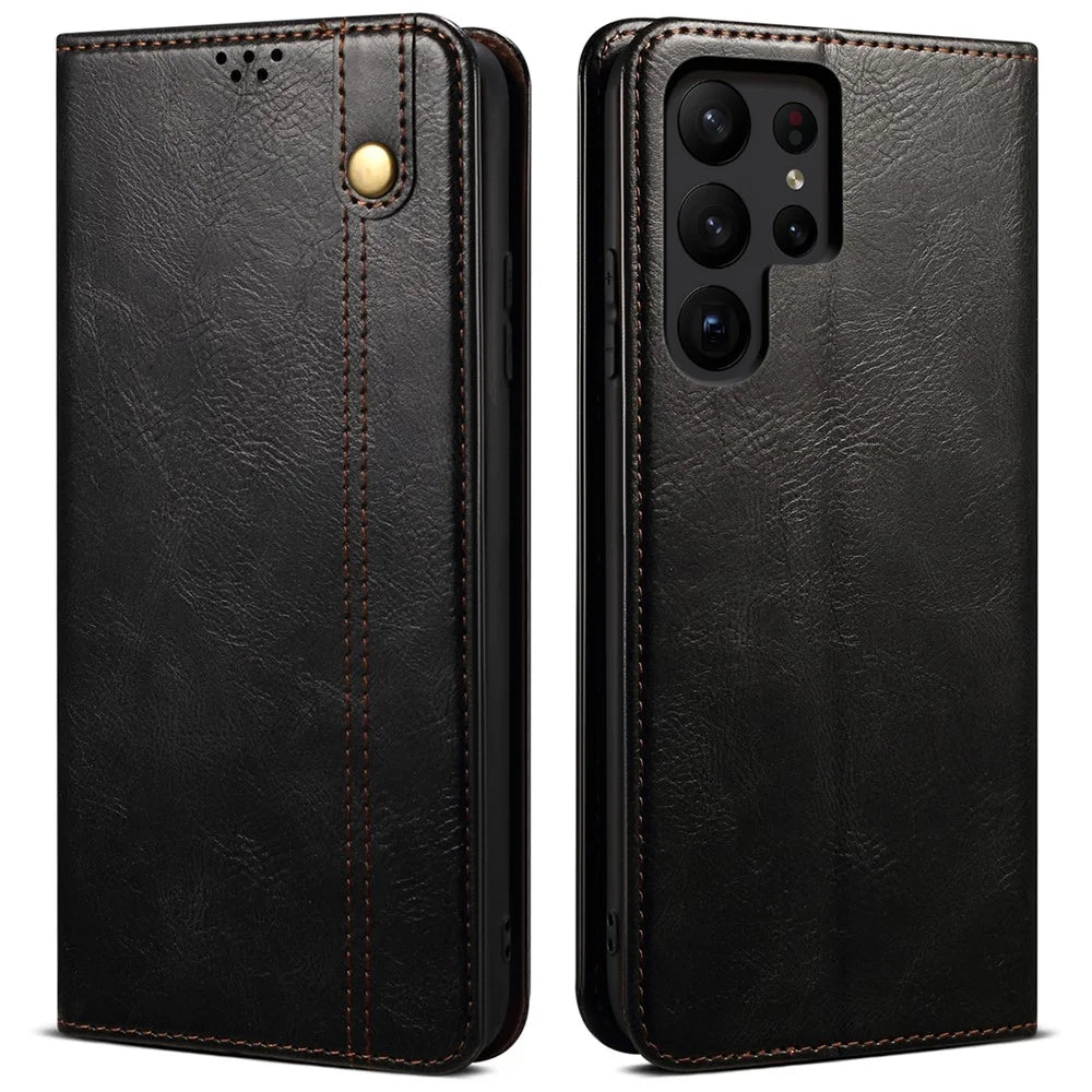 For Samsung Galaxy S25 Ultra Case Crazy Horse Texture Waxy Leather Wallet Stand Phone Cover - Black - 1