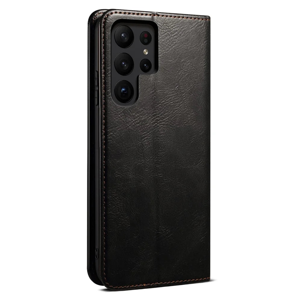 For Samsung Galaxy S25 Ultra Case Crazy Horse Texture Waxy Leather Wallet Stand Phone Cover - Black - 6