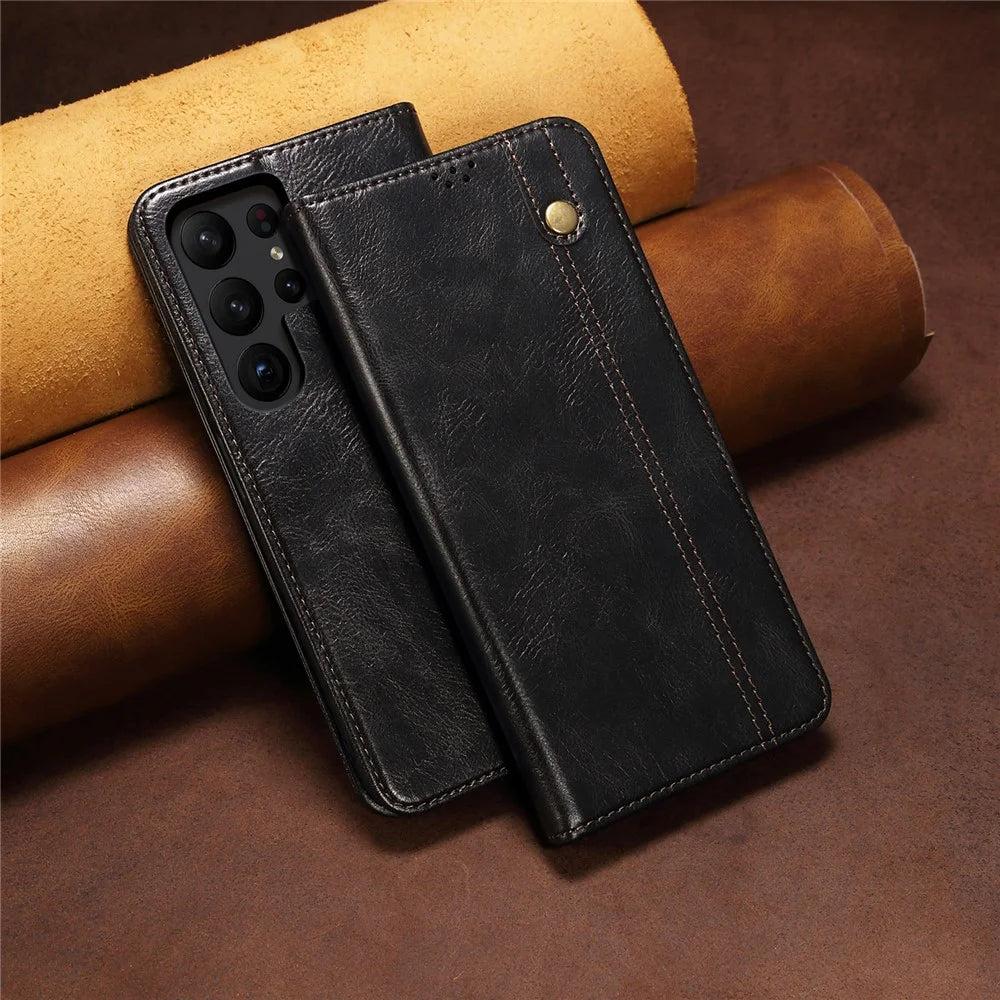 For Samsung Galaxy S25 Ultra Case Crazy Horse Texture Waxy Leather Wallet Stand Phone Cover - Black - 7