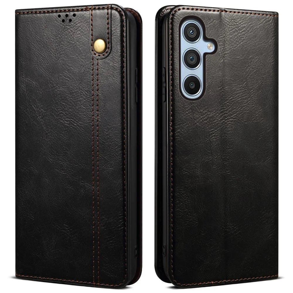 For Samsung Galaxy S25+ Case Crazy Horse Texture Waxy Leather Wallet Stand Phone Cover - Black - 1