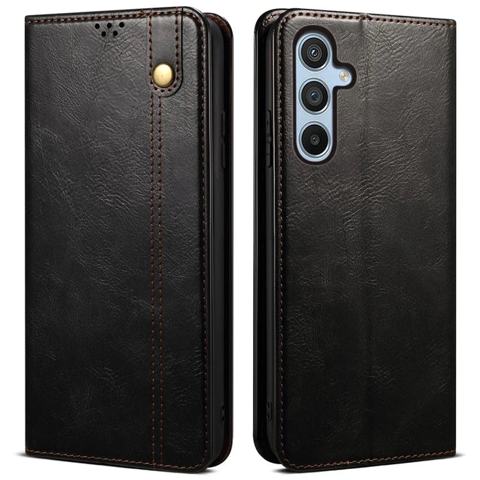 For Samsung Galaxy S25+ Case Crazy Horse Texture Waxy Leather Wallet Stand Phone Cover - Black - 1