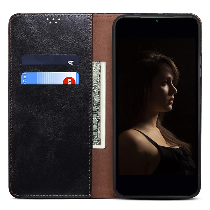 For Samsung Galaxy S25+ Case Crazy Horse Texture Waxy Leather Wallet Stand Phone Cover - Black - 2