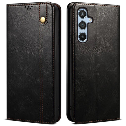 For Samsung Galaxy S25 Case Crazy Horse Texture Waxy Leather Wallet Stand Phone Cover - Black - 1