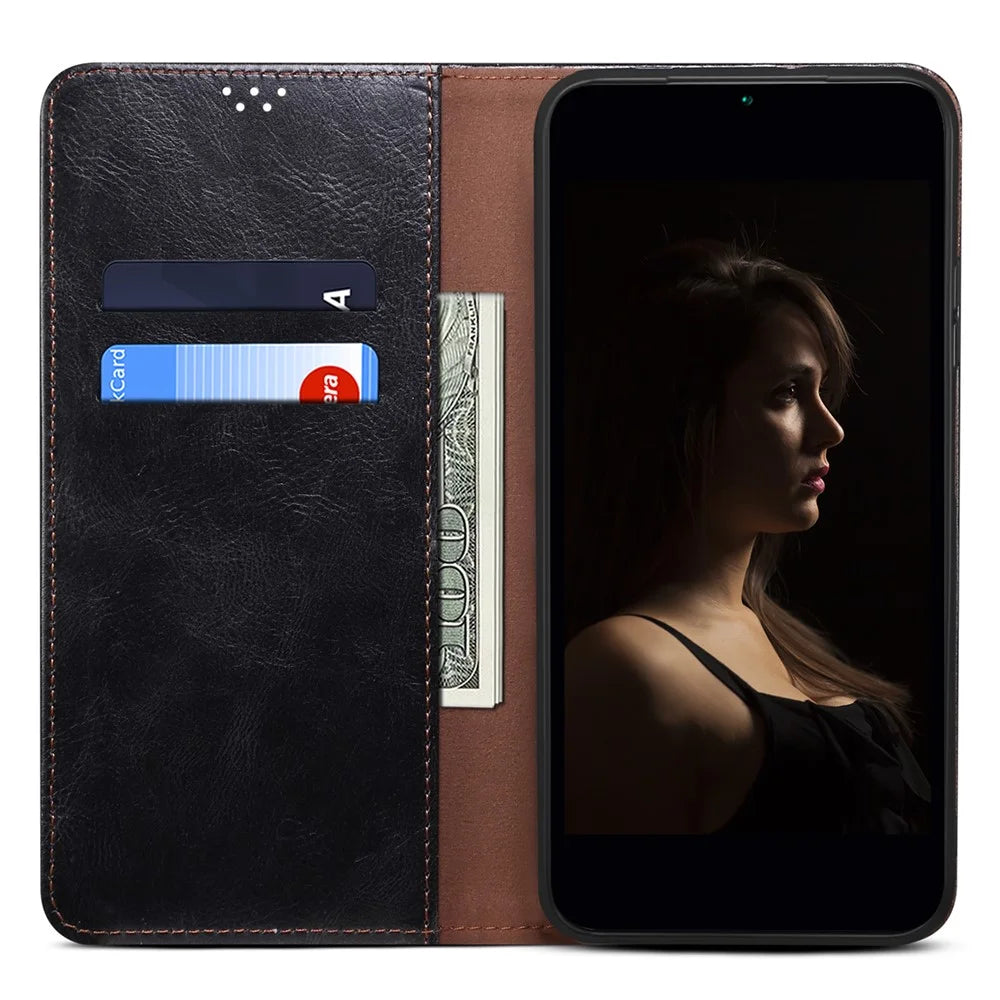 For Samsung Galaxy S25 Case Crazy Horse Texture Waxy Leather Wallet Stand Phone Cover - Black - 2