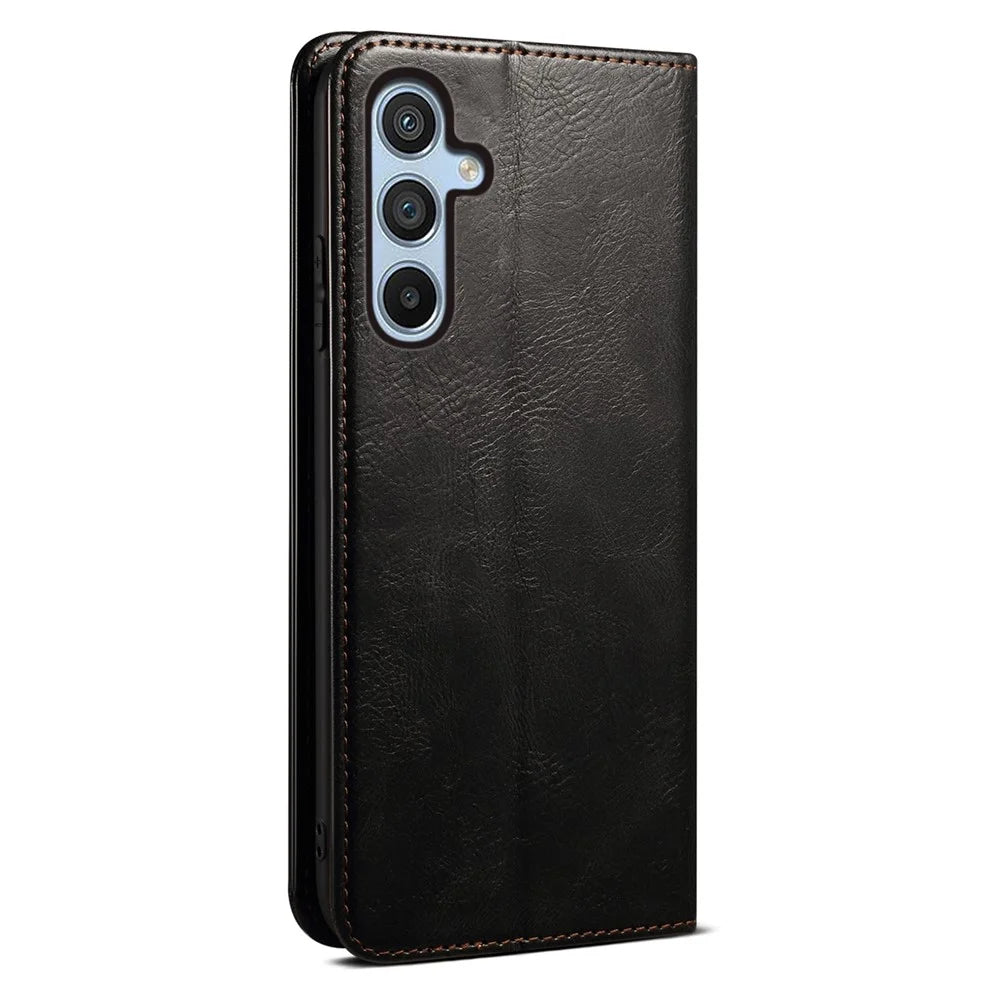 For Samsung Galaxy S25 Case Crazy Horse Texture Waxy Leather Wallet Stand Phone Cover - Black - 6