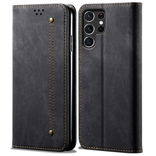 For Samsung Galaxy S25 Ultra Case Jeans Cloth Texture Anti-Scratch Leather Stand Phone Cover - Black - 1