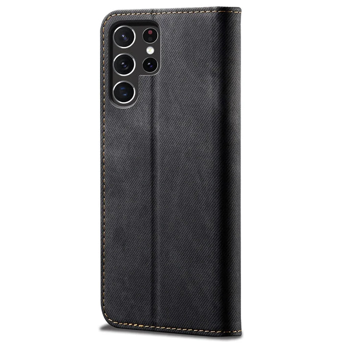 For Samsung Galaxy S25 Ultra Case Jeans Cloth Texture Anti-Scratch Leather Stand Phone Cover - Black - 6