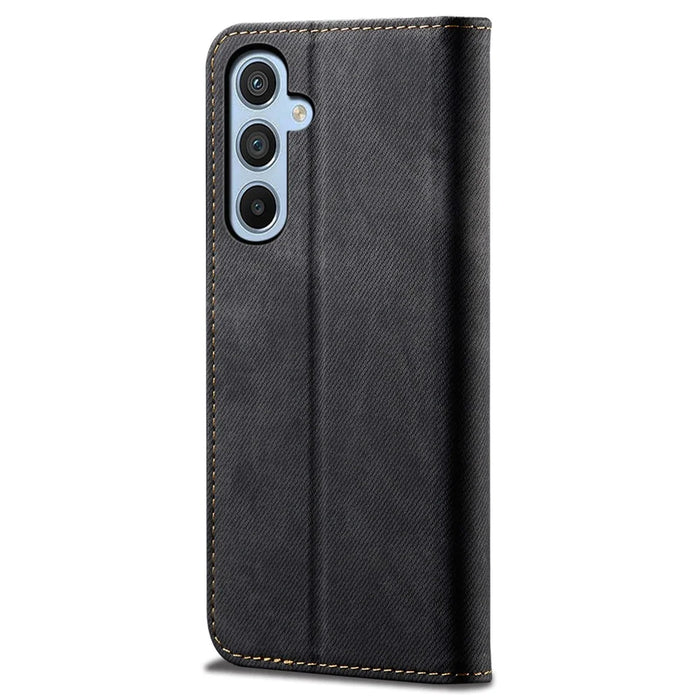 For Samsung Galaxy S25+ Case Jeans Cloth Texture Anti-Scratch Leather Stand Phone Cover - Black - 6