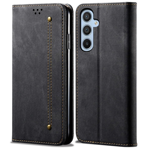 For Samsung Galaxy S25 Case Jeans Cloth Texture Anti-Scratch Leather Stand Phone Cover - Black - 1
