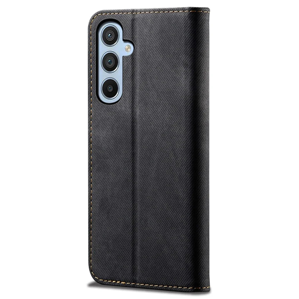 For Samsung Galaxy S25 Case Jeans Cloth Texture Anti-Scratch Leather Stand Phone Cover - Black - 6