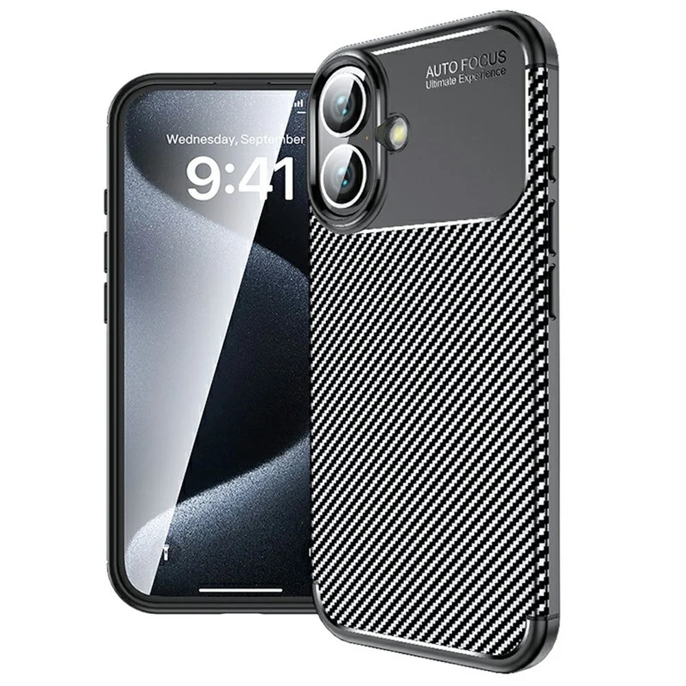 For iPhone 16 Plus Case Carbon Fiber Texture TPU Phone Cover Heat Dissipation - 1