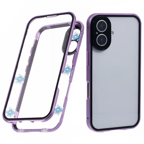 For iPhone 16 Case Magnetic Adsorption Double Sides Tempered Glass+Metal Phone Cover with Buckle - Purple - 1
