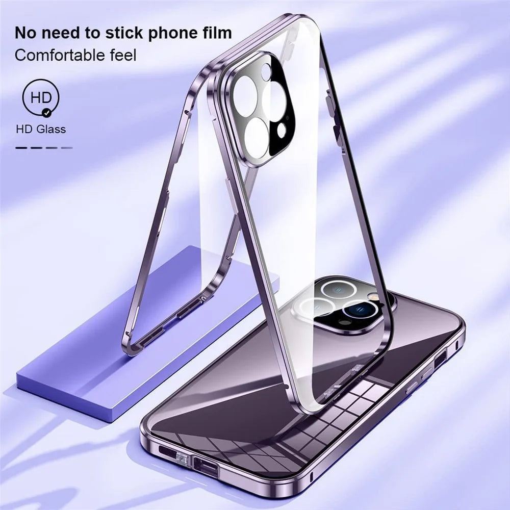 For iPhone 16 Pro Max Case Magnetic Adsorption Double Sides Tempered Glass+Metal Phone Cover with Buckle - Purple - 2