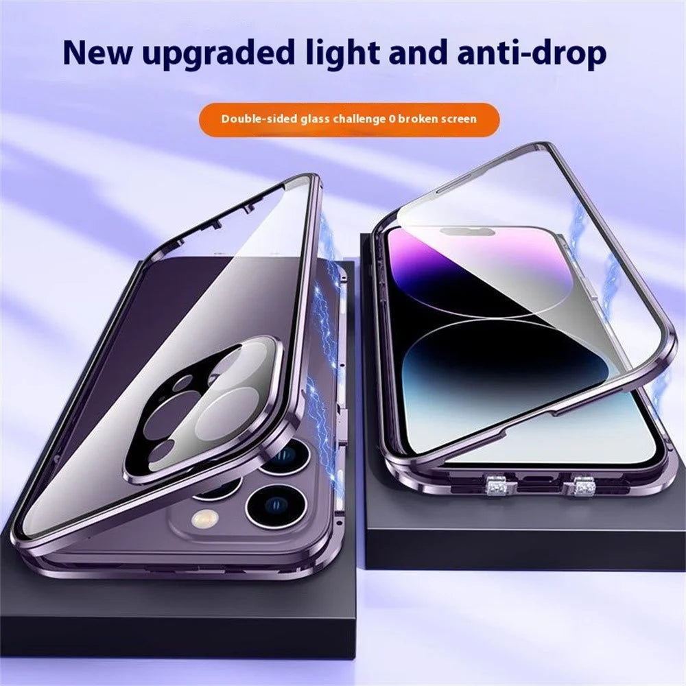 For iPhone 16 Pro Max Case Magnetic Adsorption Double Sides Tempered Glass+Metal Phone Cover with Buckle - Purple - 5