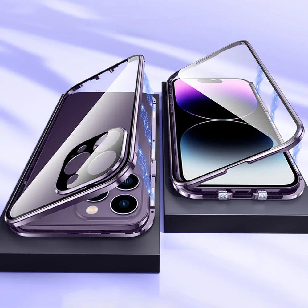 For iPhone 16 Pro Case Magnetic Adsorption Double Sides Tempered Glass+Metal Phone Cover with Buckle - Purple - 1