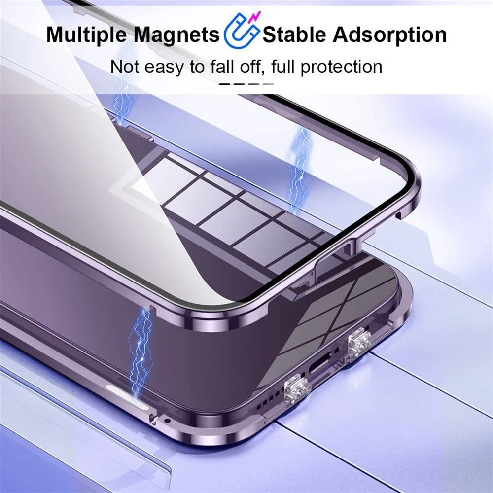 For iPhone 16 Pro Case Magnetic Adsorption Double Sides Tempered Glass+Metal Phone Cover with Buckle - Purple - 4