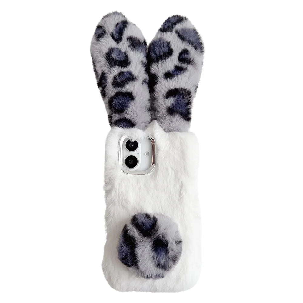 For iPhone 16 Case Fluffy Leopard Splicing Bunny Plush TPU Phone Cover - Black - 1