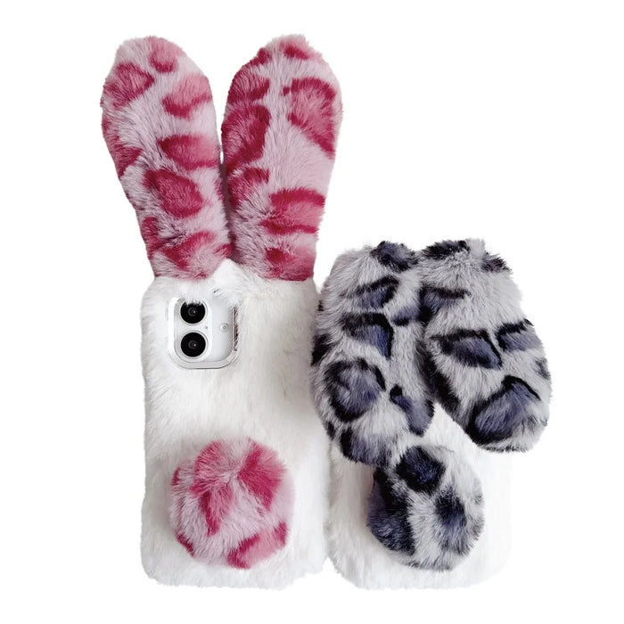 For iPhone 16 Case Fluffy Leopard Splicing Bunny Plush TPU Phone Cover - Black - 4