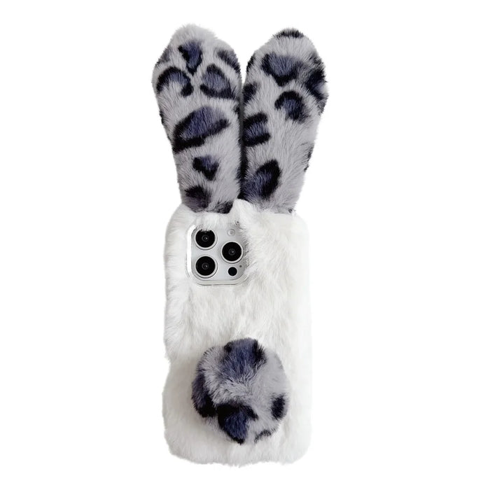 For iPhone 16 Pro Case Fluffy Leopard Splicing Bunny Plush TPU Phone Cover - Black - 1