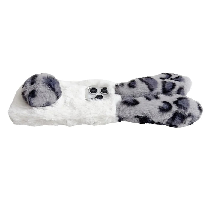 For iPhone 16 Pro Case Fluffy Leopard Splicing Bunny Plush TPU Phone Cover - Black - 3