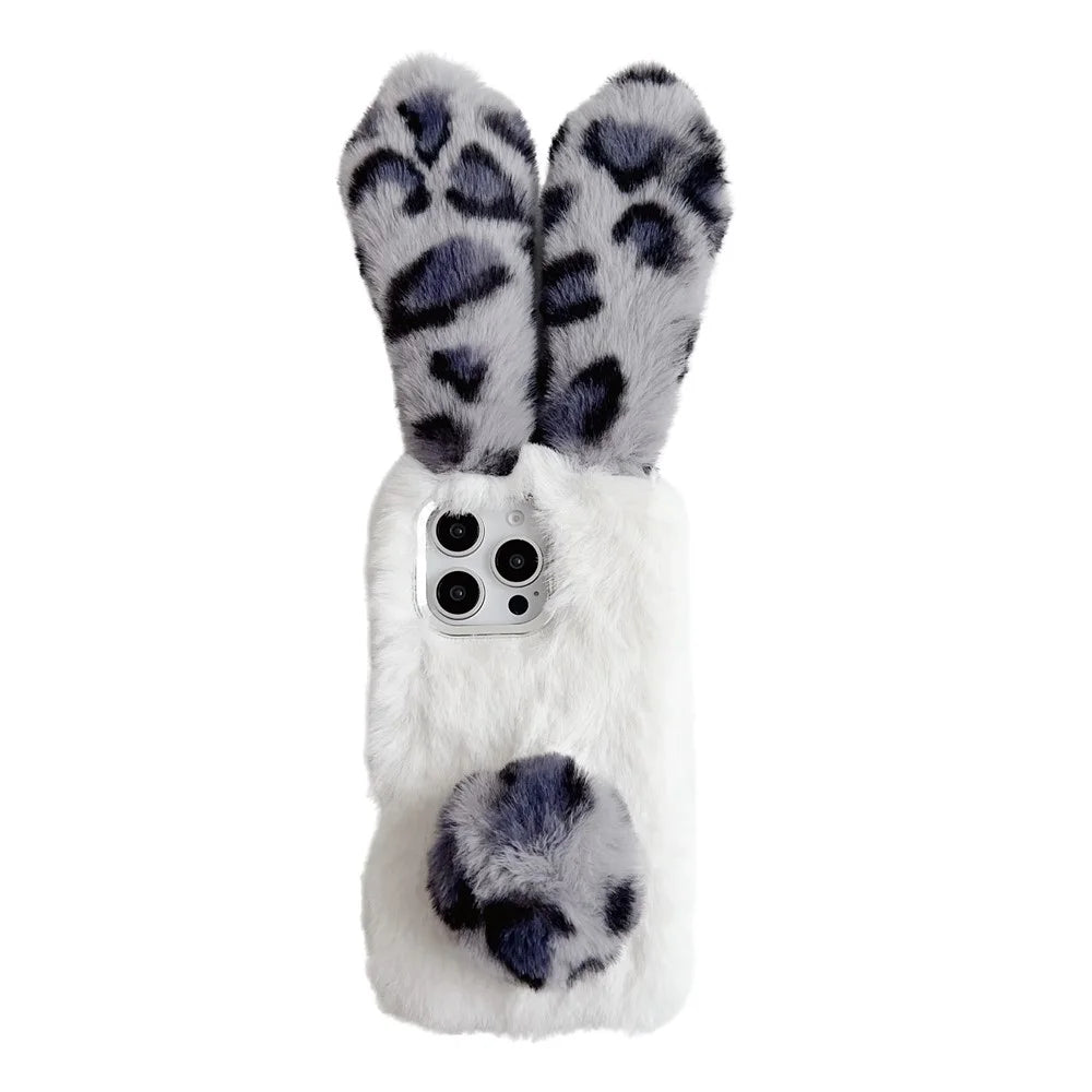 For iPhone 16 Pro Max Case Fluffy Leopard Splicing Bunny Plush TPU Phone Cover - Black - 1