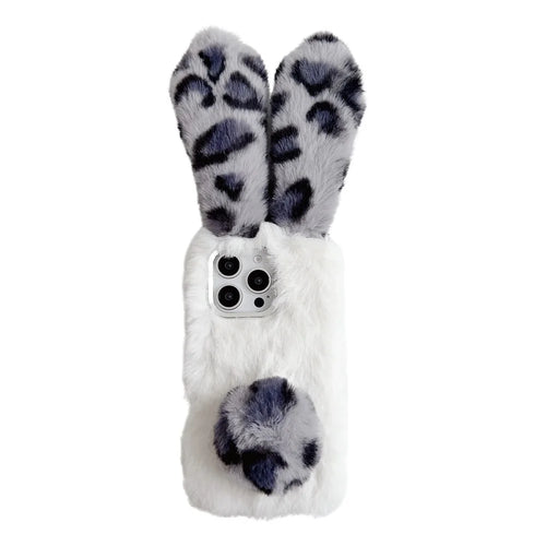For iPhone 16 Pro Max Case Fluffy Leopard Splicing Bunny Plush TPU Phone Cover - Black - 1