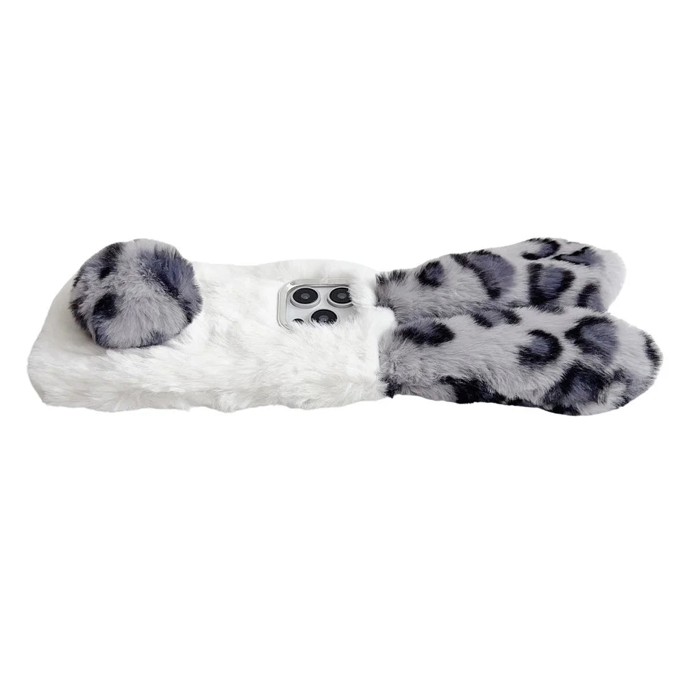 For iPhone 16 Pro Max Case Fluffy Leopard Splicing Bunny Plush TPU Phone Cover - Black - 3