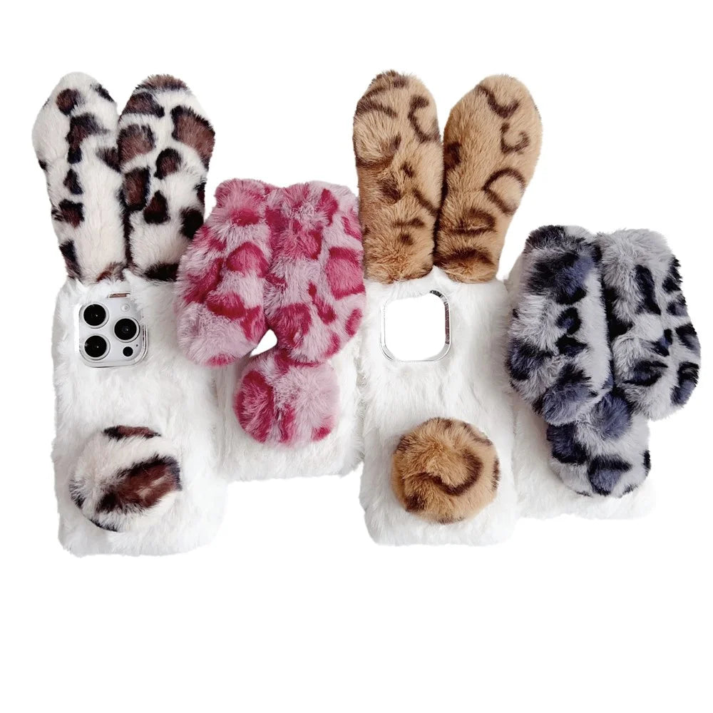 For iPhone 16 Pro Max Case Fluffy Leopard Splicing Bunny Plush TPU Phone Cover - Black - 6