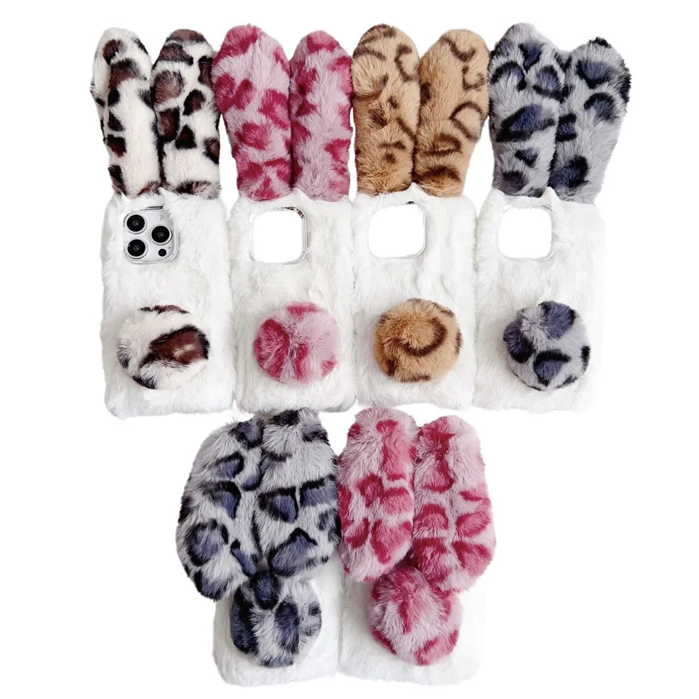 For iPhone 16 Pro Max Case Fluffy Leopard Splicing Bunny Plush TPU Phone Cover - Black - 7