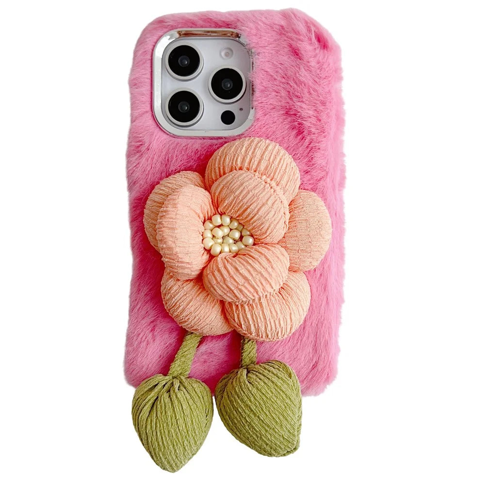 For iPhone 16 Pro Max Plush Phone Case 3D Flower Decor Fluffy TPU Back Cover - Pink - 1