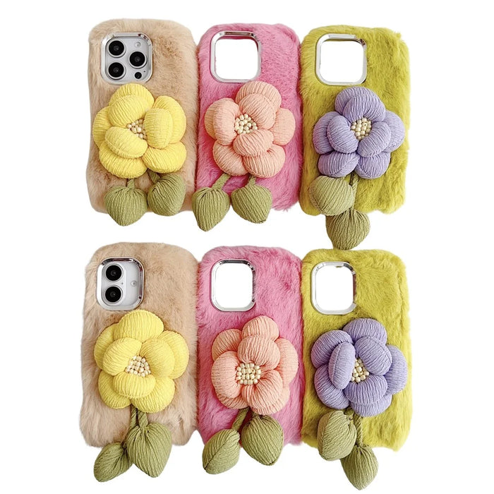 For iPhone 16 Pro Max Plush Phone Case 3D Flower Decor Fluffy TPU Back Cover - Pink - 4