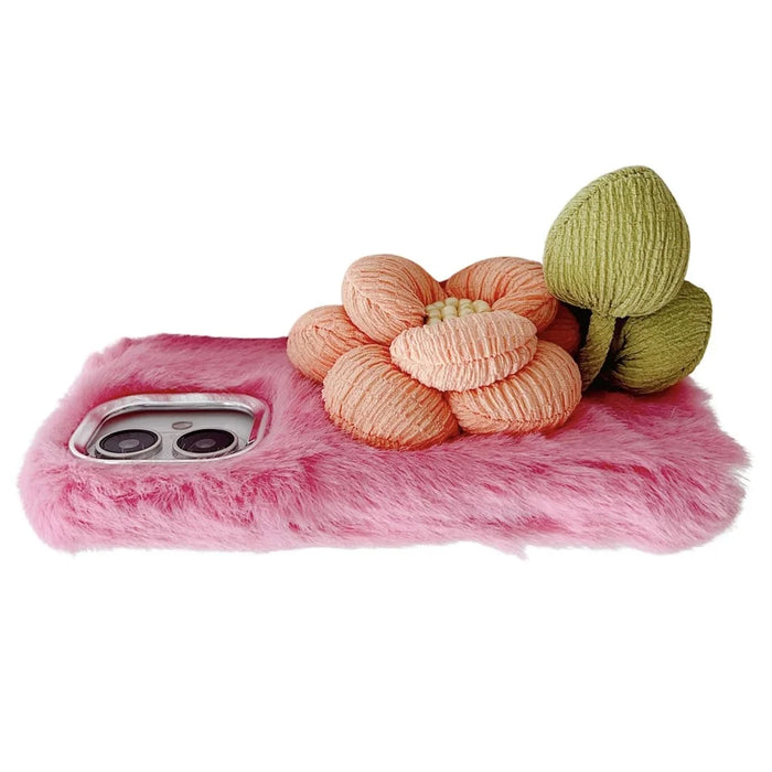 For iPhone 16 Plus Plush Phone Case 3D Flower Decor Fluffy TPU Back Cover - Pink - 3