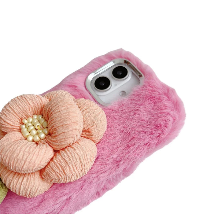 For iPhone 16 Plus Plush Phone Case 3D Flower Decor Fluffy TPU Back Cover - Pink - 4