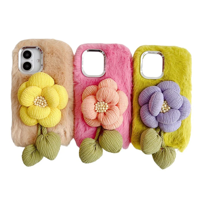 For iPhone 16 Plus Plush Phone Case 3D Flower Decor Fluffy TPU Back Cover - Pink - 5