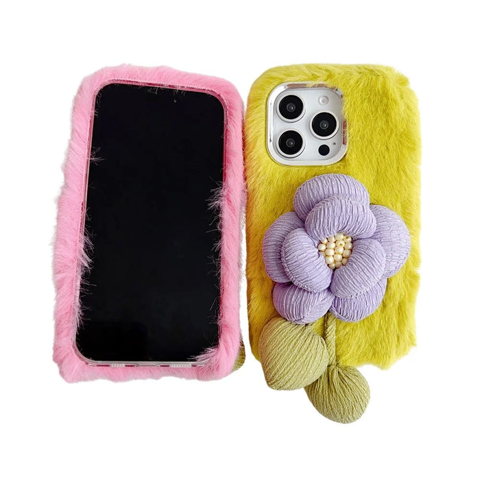 For iPhone 16 Pro Plush Phone Case 3D Flower Decor Fluffy TPU Back Cover - Pink - 2