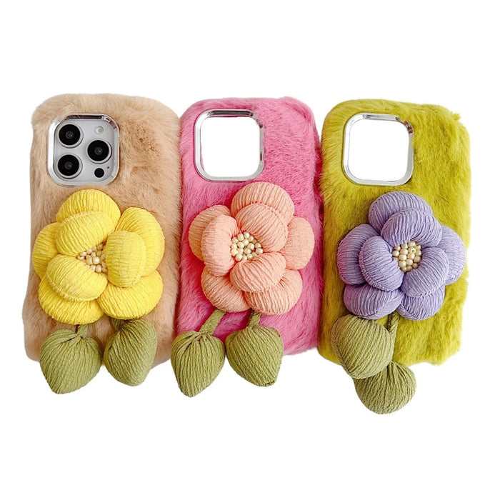 For iPhone 16 Pro Plush Phone Case 3D Flower Decor Fluffy TPU Back Cover - Pink - 3
