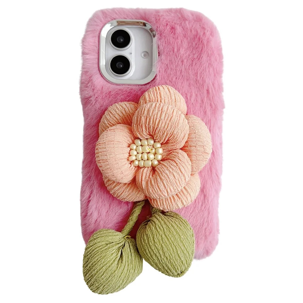 For iPhone 16 Plush Phone Case 3D Flower Decor Fluffy TPU Back Cover - Pink - 1
