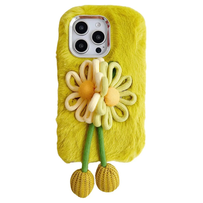 For iPhone 16 Pro Max Case Two Flowers Decor Outer Fluffy Plush Inner TPU Phone Cover - Green - 1