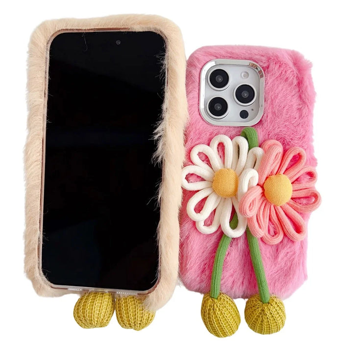 For iPhone 16 Pro Max Case Two Flowers Decor Outer Fluffy Plush Inner TPU Phone Cover - Green - 3