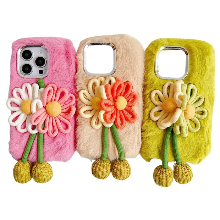 For iPhone 16 Pro Max Case Two Flowers Decor Outer Fluffy Plush Inner TPU Phone Cover - Green - 4