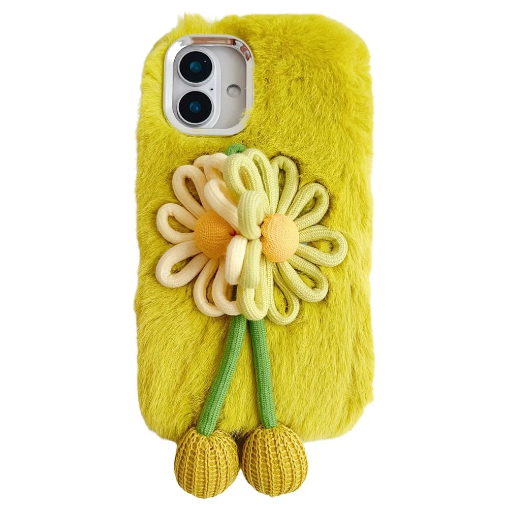 For iPhone 16 Case Two Flowers Decor Outer Fluffy Plush Inner TPU Phone Cover - Green - 1