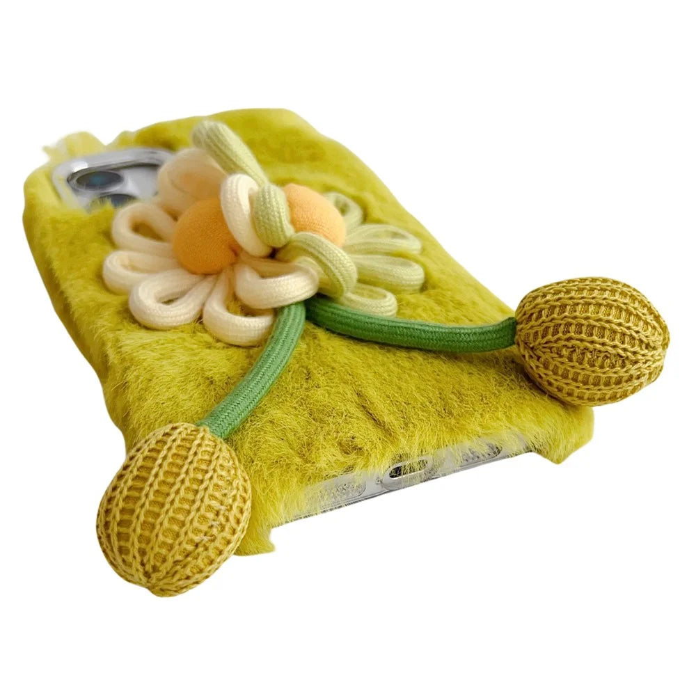 For iPhone 16 Case Two Flowers Decor Outer Fluffy Plush Inner TPU Phone Cover - Green - 2